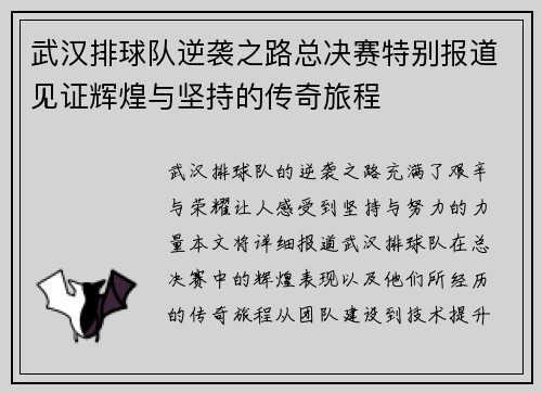 武汉排球队逆袭之路总决赛特别报道见证辉煌与坚持的传奇旅程