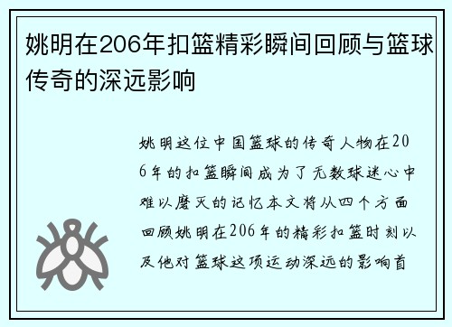 姚明在206年扣篮精彩瞬间回顾与篮球传奇的深远影响